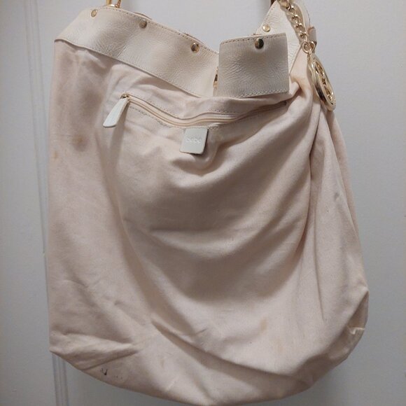 Vintage BEBE White Woven Leather Logo Hobo Bag W Key FOB Charm - Picture 6 of 6